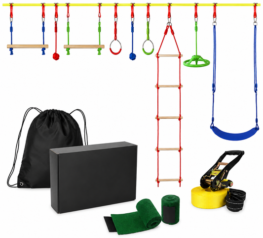 Kit Parcours Ninja Slackline 15 m – Obstacles, Échelle, Anneaux & Balançoire – Extérieur Enfants