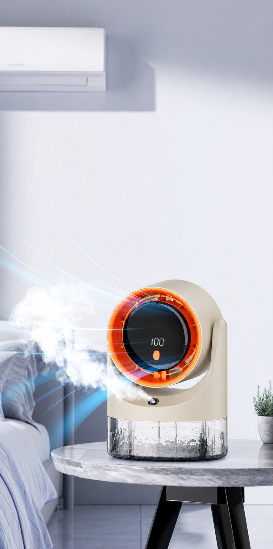 Mini Climatiseur Portable USB avec Brumisateur – Ventilateur 360° Rechargeable – Humidificateur Compact Silencieux – Beige