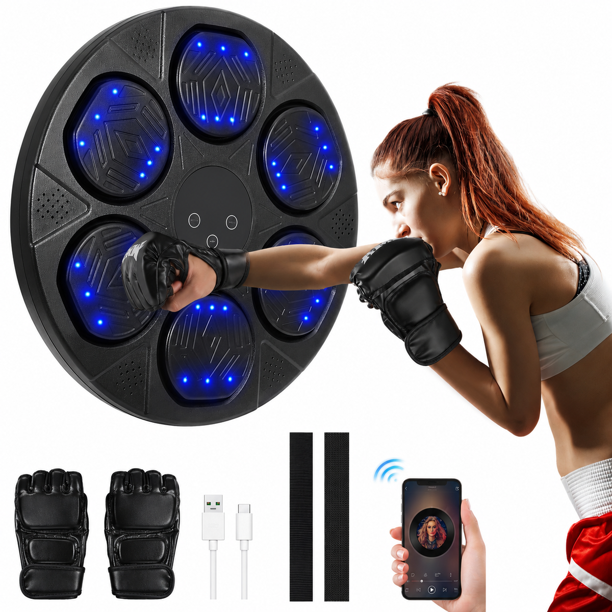Electronic Bluetooth Wall-Mounted Boxing Machine – Interactive LED Target & Gloves – Adult & Child Fitness