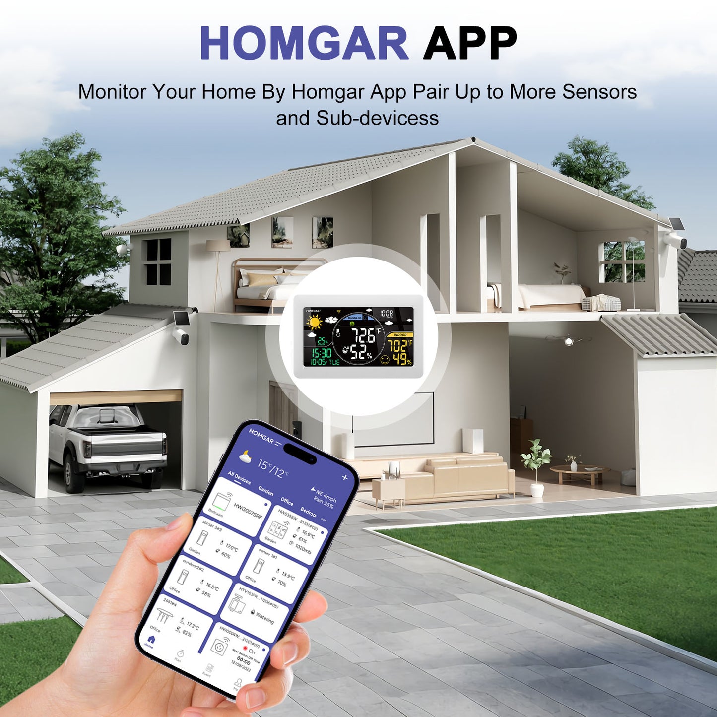 Station Météo Connectée WiFi avec Capteur Extérieur – Thermomètre Hygromètre Intérieur/Extérieur – Écran LCD Couleur, Horloge, Application Mobile