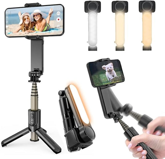 Stabilisateur Smartphone Portable avec Lumière LED et Télécommande – Perche Selfie Cardan Pliable pour Android iPhone Vlog TikTok