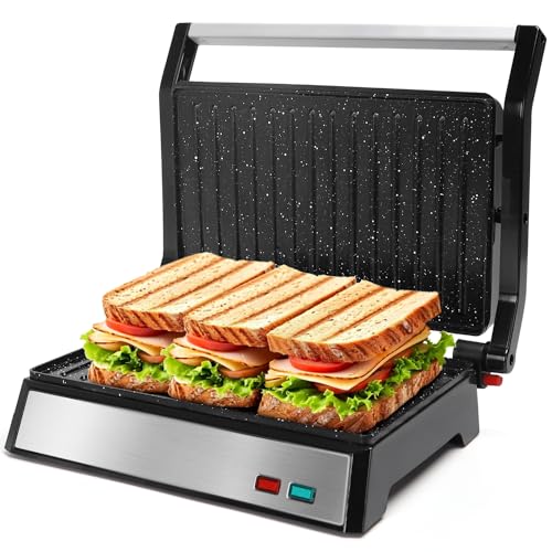 Grill Panini 1500W – Plaques Antiadhésives, Presse Sandwich, Cuisson Double Face, Bac Récupérateur Graisse, Ouverture 180°, Cuisine Rapide