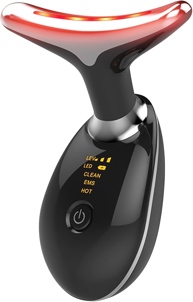 Masseur Facial EMS Chauffant LED – Appareil Beauté Anti-Âge pour Visage et Cou – Thérapie Photonique Raffermissante – Anti Double Menton – Recharge USB