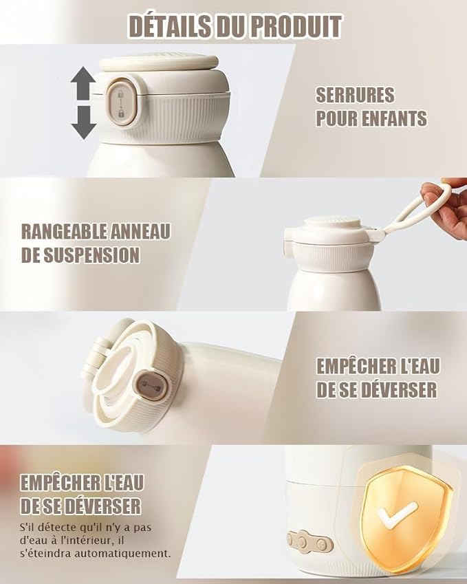 Chauffe Biberon Nomade Portable 500ml Chauffage Rapide Stérilisation Maintien au Chaud Batterie 10400mAh Beige