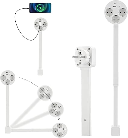 Multiprise Extensible Orientable 180° avec USB-A et USB-C – Rallonge de Prise Murale 5 Ports – Barre d’Extension Rétractable