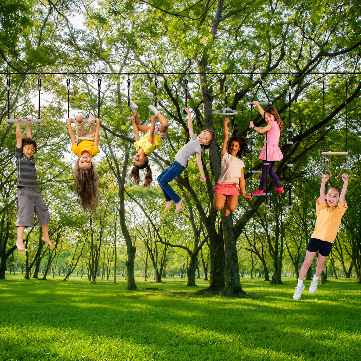 Kit Parcours Ninja Slackline 15m pour Enfants – Échelle, Anneaux, Barre de Trapèze & Accessoires – Jeux Extérieurs Jardin