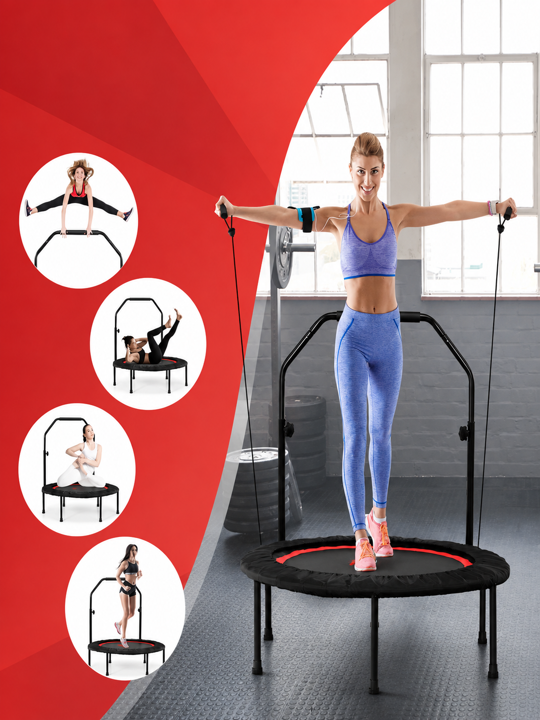 Mini Trampoline Fitness Pliable 101 cm – Barre Réglable + Bandes de Résistance, Cardio Maison