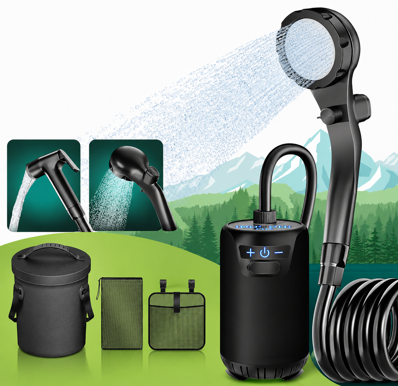 Kit Douche de Camping Portable – Pompe Rechargeable 4000 mAh, Réservoir 20 L, Pommeau Réglable, Tuyau 2 m