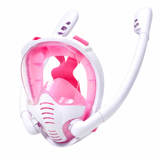 Masque de Snorkeling Intégral 180° avec Double Tuba – Vue Panoramique, Anti-Buée & Anti-Fuite – Rose/Blanc L/XL