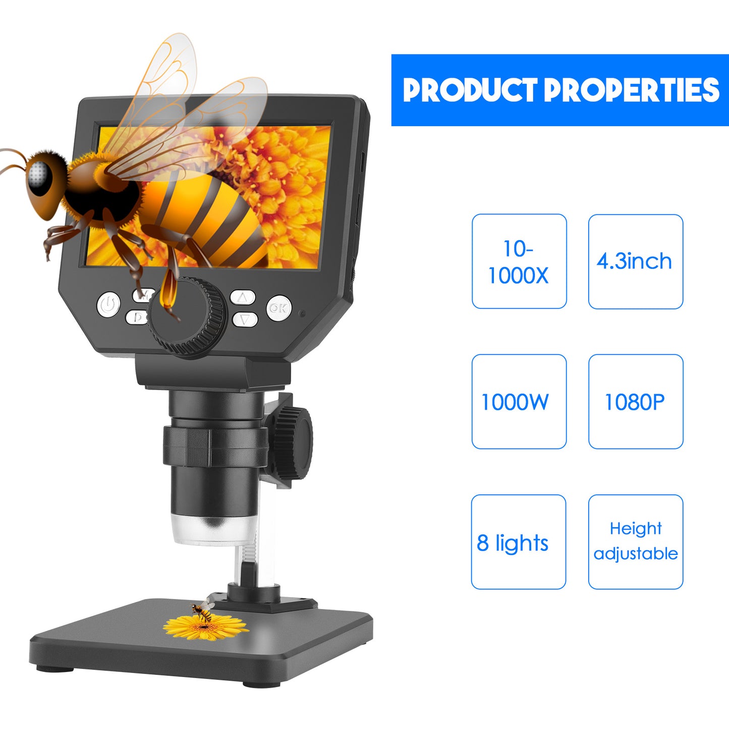 Microscope Numérique 4,3 Pouces 1000X – Écran LCD 1080P – Microscope Électronique pour Réparation Téléphone et Soudage