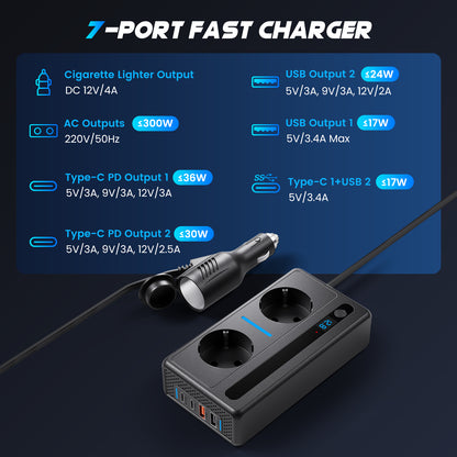 Convertisseur Voiture 12V vers 220V 300W – Onduleur 2 Prises Secteur & 2 USB – Alimentation Appareil en Déplacement