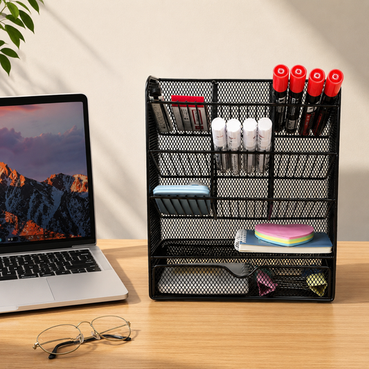 Organisateur de Bureau en Métal avec Compartiments et Tiroir | Range Stylos, Crayons, Fournitures de Bureau | Support de Rangement pour École, Maison et Bureau