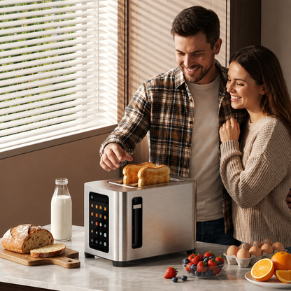 Grille-Pain 2 Tranches Inox – Écran Tactile, 6 Programmes, Fentes Larges, Support Réchauffe-Pain