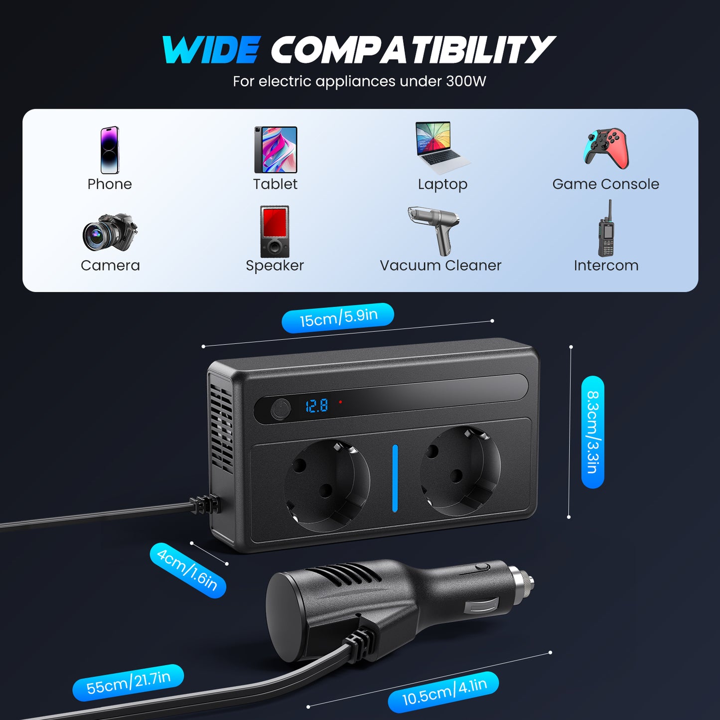 Convertisseur Voiture 12V vers 220V 300W – Onduleur avec 2 Prises Secteur et 2 USB