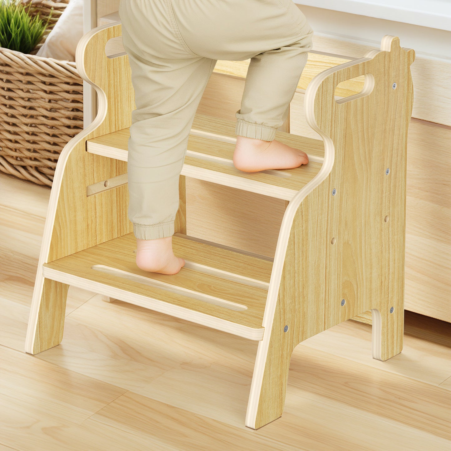 Tabouret Enfant 2 Marches en Bois 4-en-1 – Marchepied Antidérapant Salle de Bain Évier