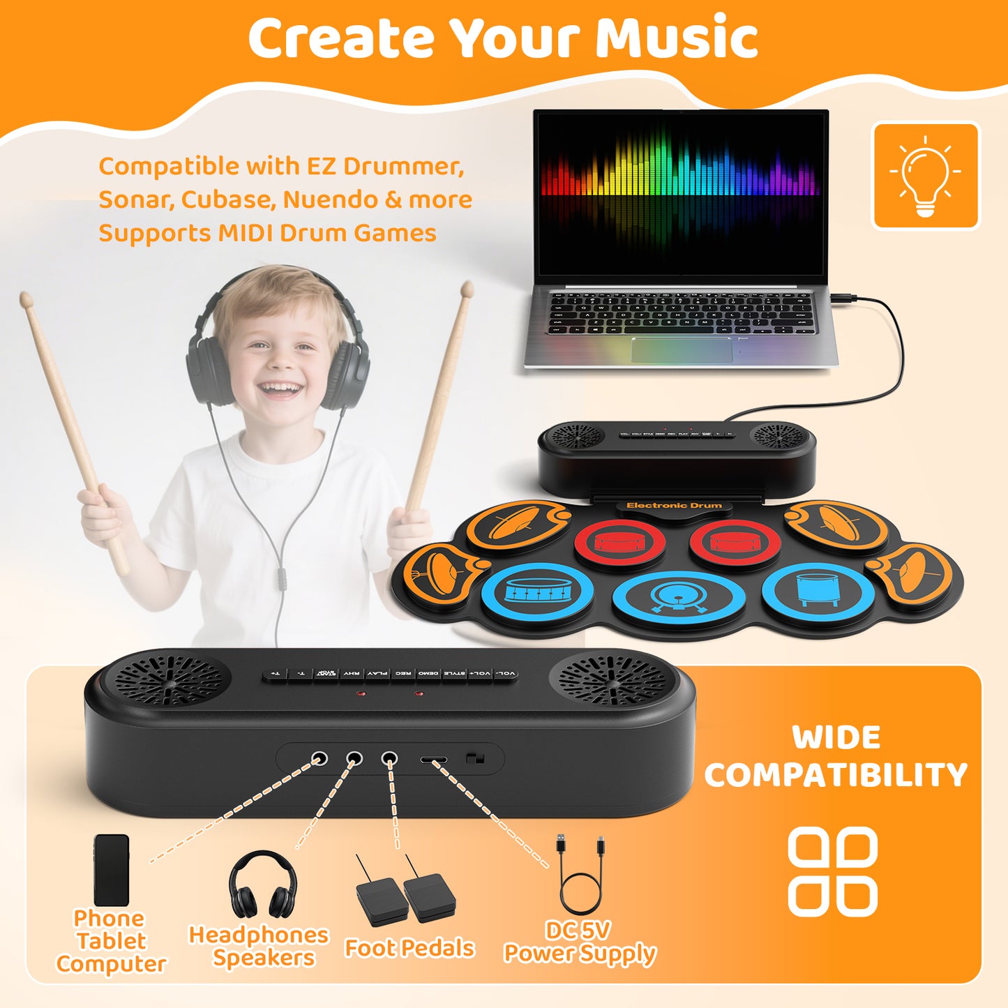 Batterie Électronique Enfant 9 Pads – Tapis de Batterie Musical Bluetooth avec Haut-Parleurs, 7 Styles, 6 Rythmes, Kit Batterie Portable avec Baguettes