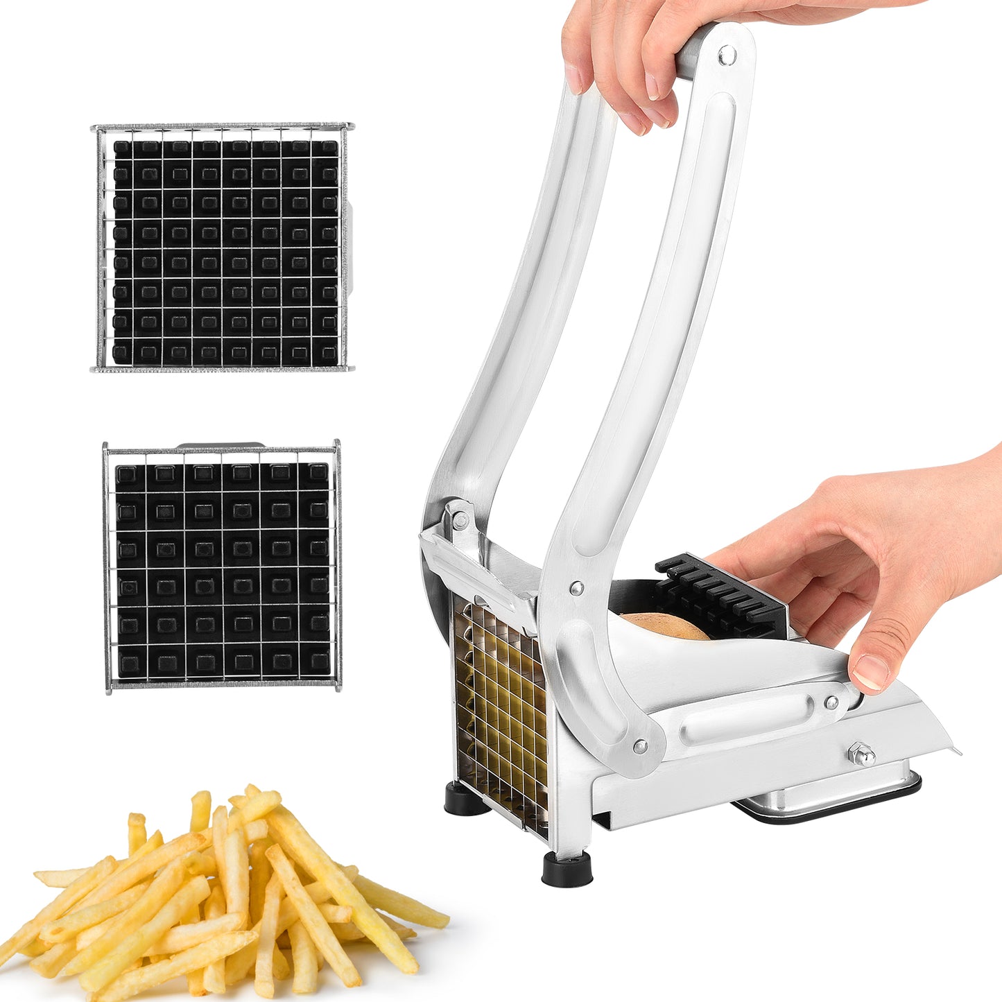 Coupe-Frites Manuel Professionnel en Acier Inoxydable – Découpe Rapide Pommes de Terre – 2 Lames Interchangeables – Base Antidérapante – Cuisine Maison