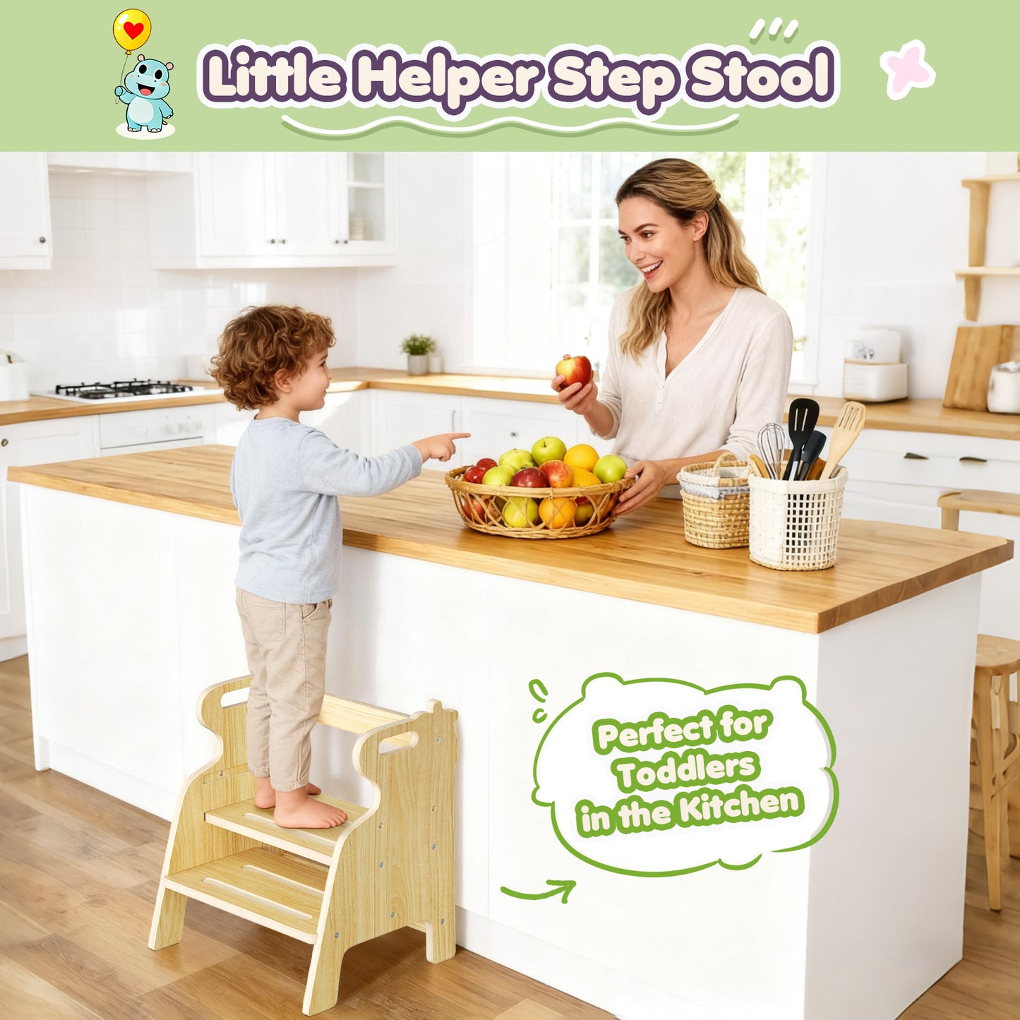 Tabouret Enfant 2 Marches en Bois 4-en-1 – Marchepied Antidérapant Salle de Bain Évier