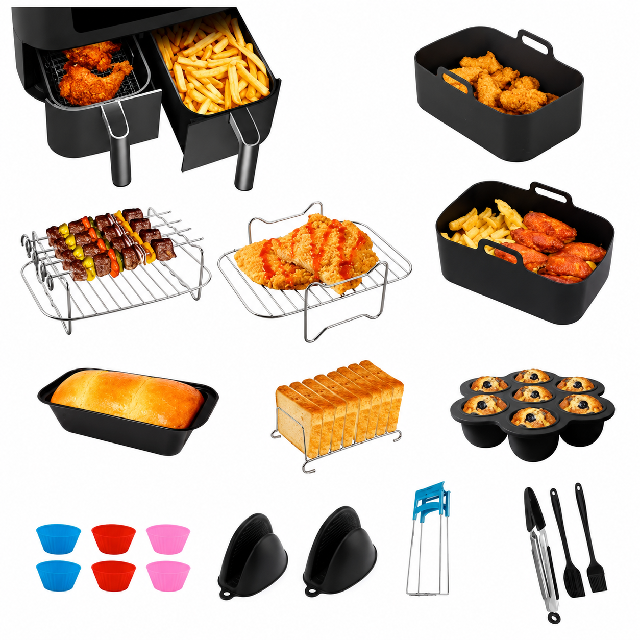 Lot de 19 Accessoires pour Friteuse à Air Double Compartiment | Moules Silicone, Grilles, Support Brochettes et Ustensiles Compatibles Air Fryer