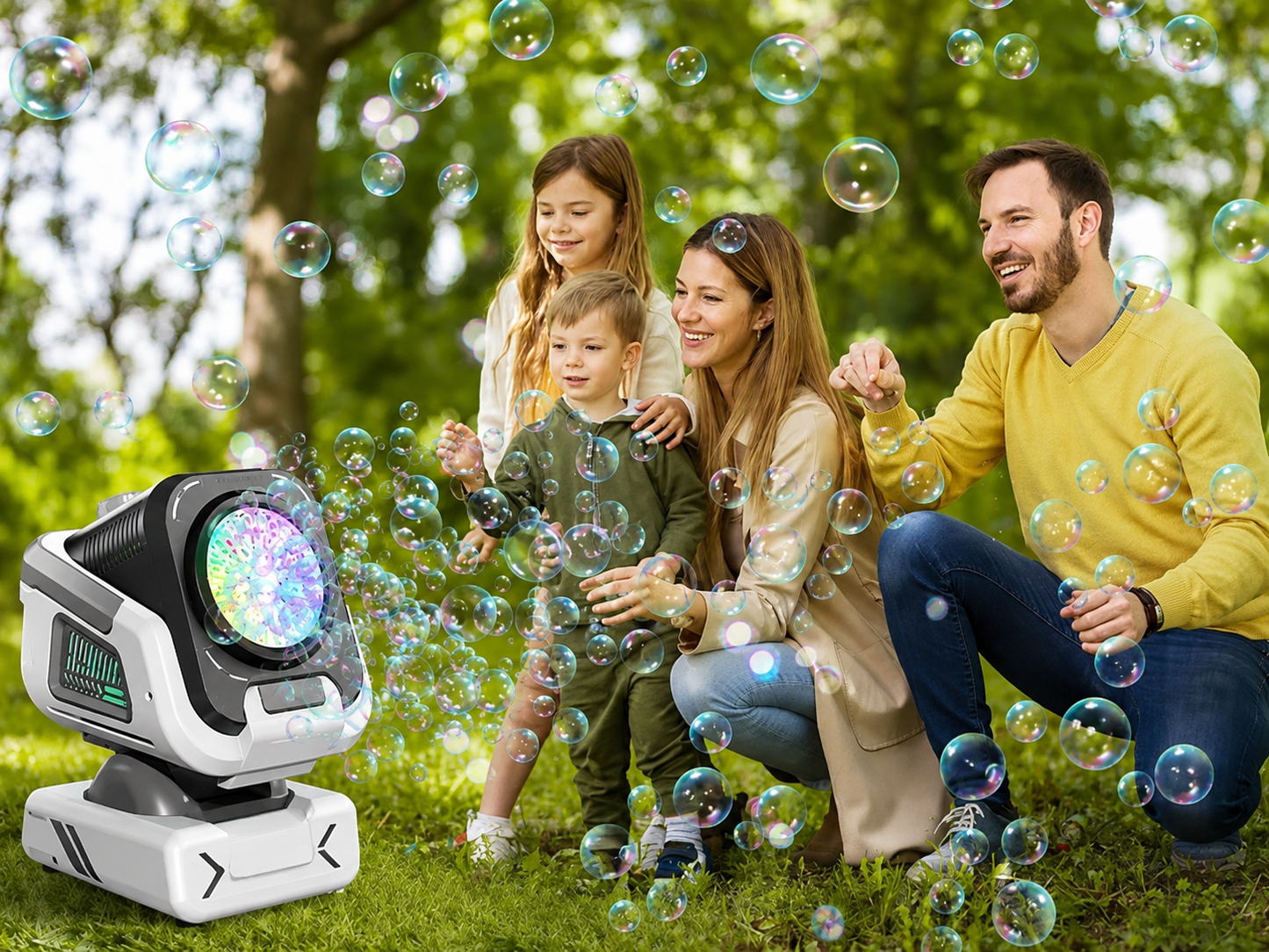 Machine à Bulles Automatique Rechargeable RGB – Rotation 360°, LED, Télécommande, Batterie 1800 mAh – Anniversaires & Événements