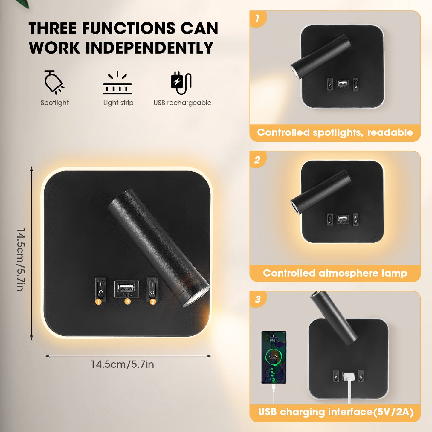 Lampe murale LED avec port USB pour lecture et chevet
