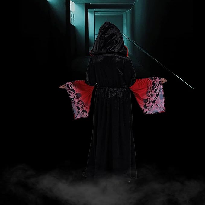 Déguisement Vampire Fille Gothique Médiéval avec Capuche – Costume Halloween Carnaval Rouge et Noir Enfant