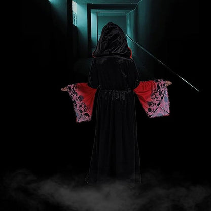Déguisement Vampire Fille Gothique Médiéval avec Capuche – Costume Halloween Carnaval Rouge et Noir Enfant