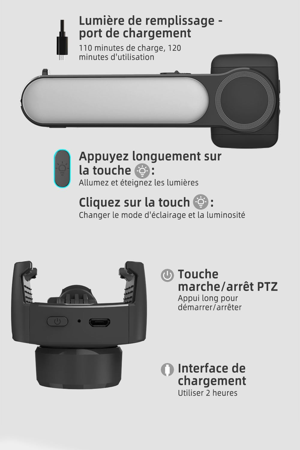 Stabilisateur Smartphone Portable avec Lumière LED et Télécommande – Perche Selfie Cardan Pliable pour Android iPhone Vlog TikTok
