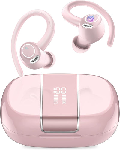 Écouteurs Bluetooth 5.4 Sport Sans Fil – 48 h d'Autonomie, Crochets d'Oreille, Écran LED, Micro ENC, IPX7 – Rose