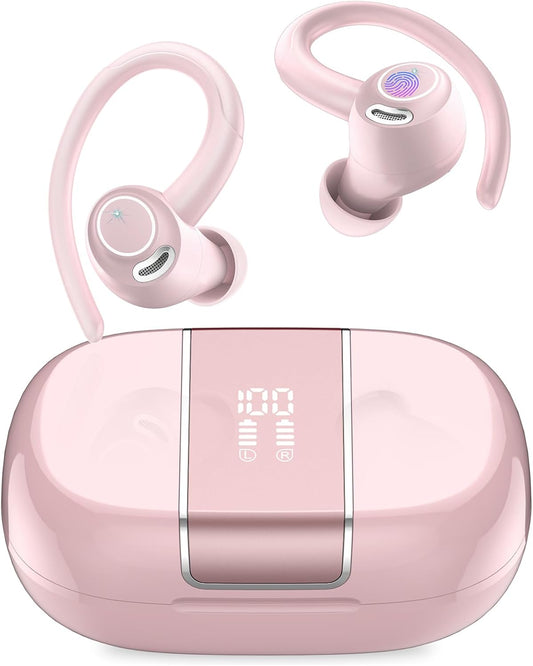 Écouteurs Bluetooth 5.4 Sport Sans Fil – 48 h d'Autonomie, Crochets d'Oreille, Écran LED, Micro ENC, IPX7 – Rose