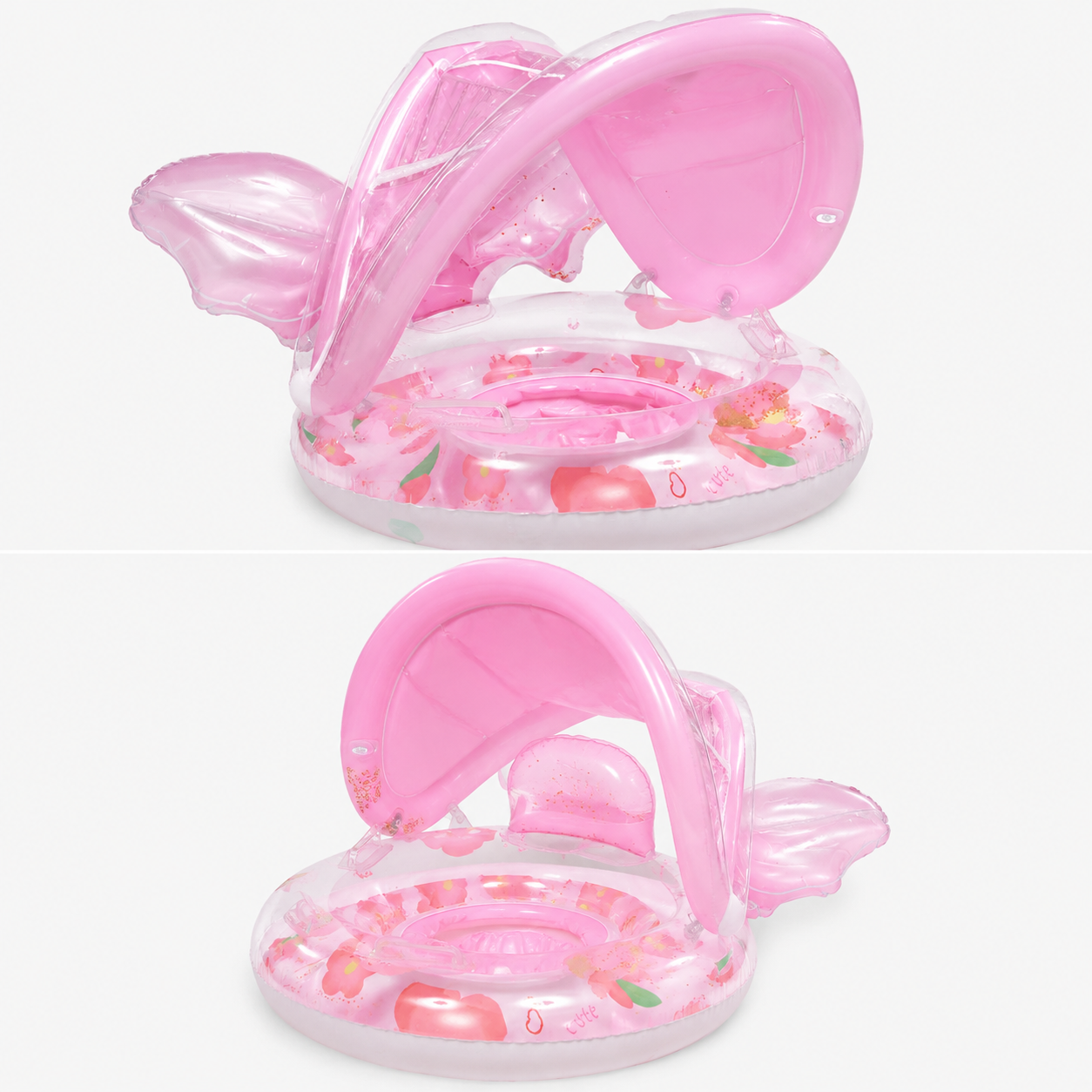 Bouée Gonflable Bébé avec Toit Pare-Soleil – Siège Sécurisé pour Piscine et Mer – Anneau de Natation Enfant – Rose Fleurs – Été