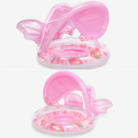 Bouée Gonflable Bébé avec Toit Pare-Soleil – Siège Sécurisé pour Piscine et Mer – Anneau de Natation Enfant – Rose Fleurs – Été