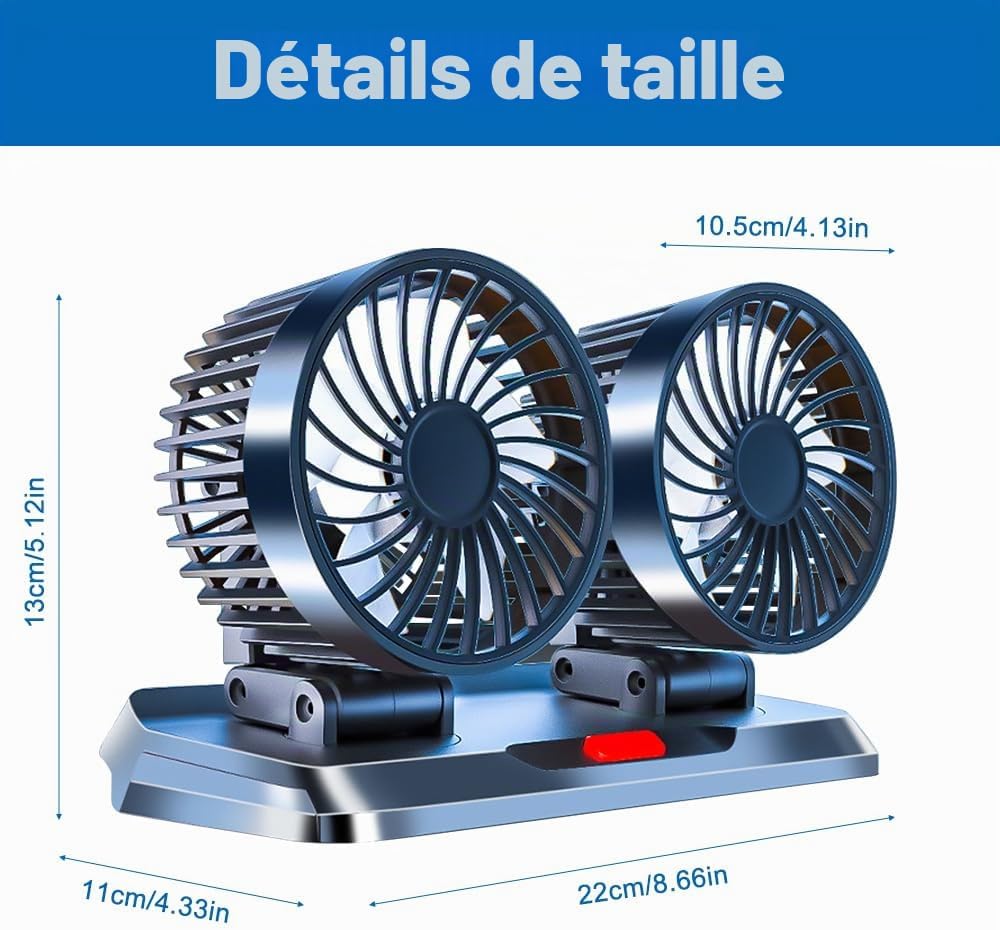 Ventilateur de voiture USB double tête rotatif 360° 3 vitesses pour appuie-tête – Ventilateur portable silencieux pour voiture, SUV, camion et camping-car