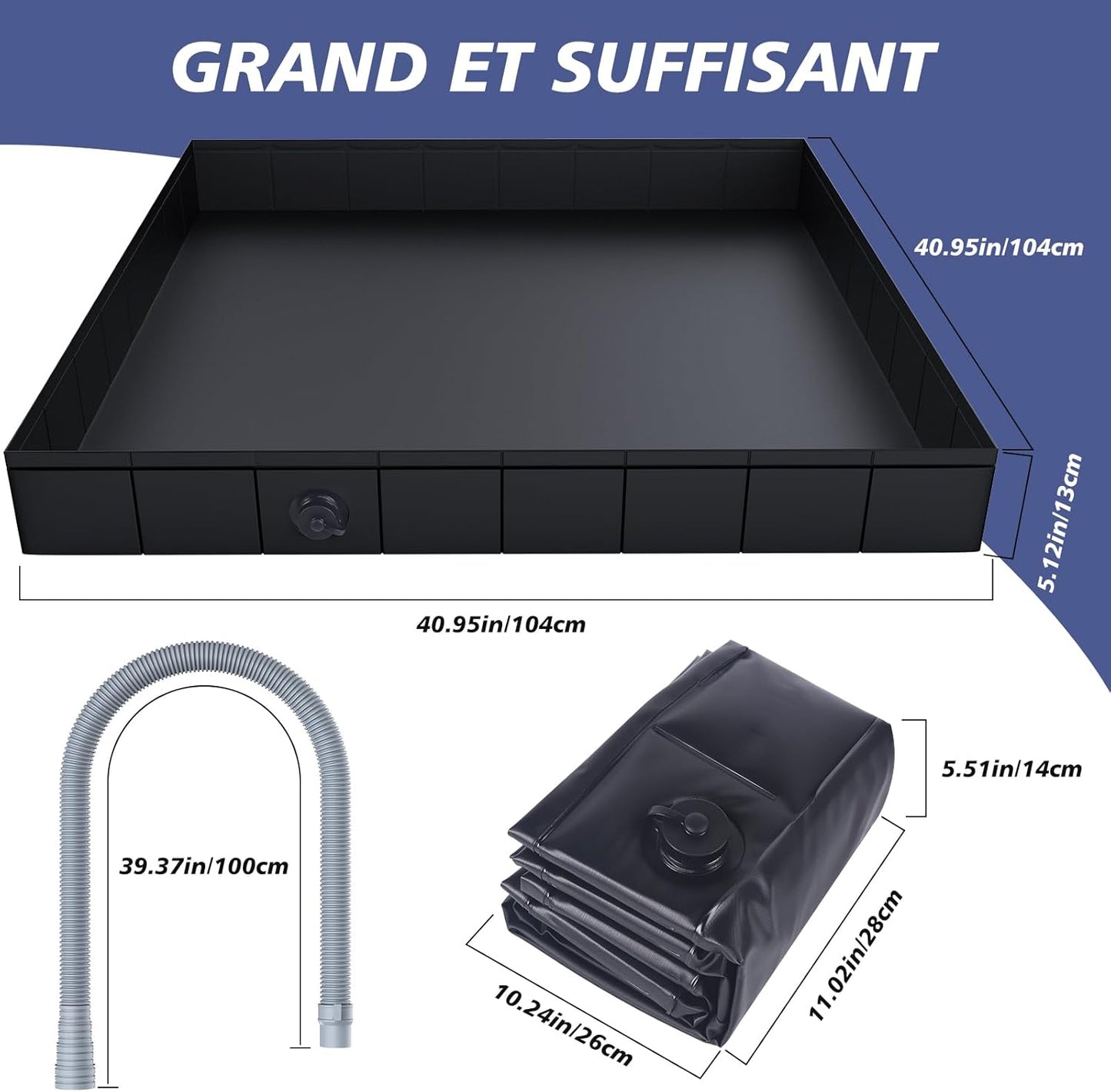 Base de Douche Portable Pliante 104×104 cm avec Vidange – Bac Étanche Camping-Car, Van, Jardin – Noir