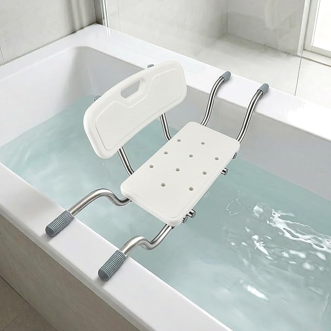 Siège de Baignoire Senior Réglable en Aluminium avec Dossier – Tabouret de Bain Antidérapant Charge 150 kg – Aide à la Mobilité pour Personnes Âgées – Blanc –