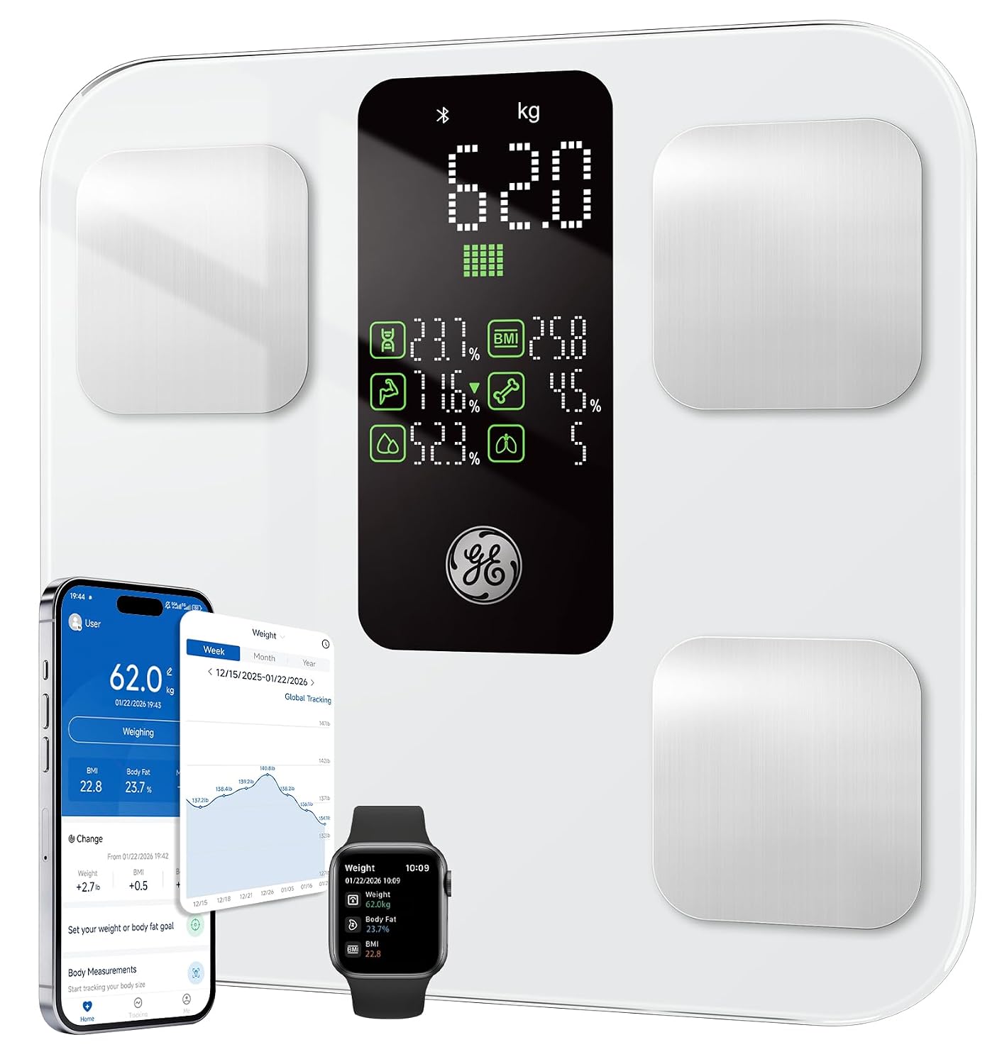Balance Connectée Bluetooth 180 kg – 14 Indicateurs Corporels, IMC, Masse Graisseuse & Musculaire – App iOS & Android