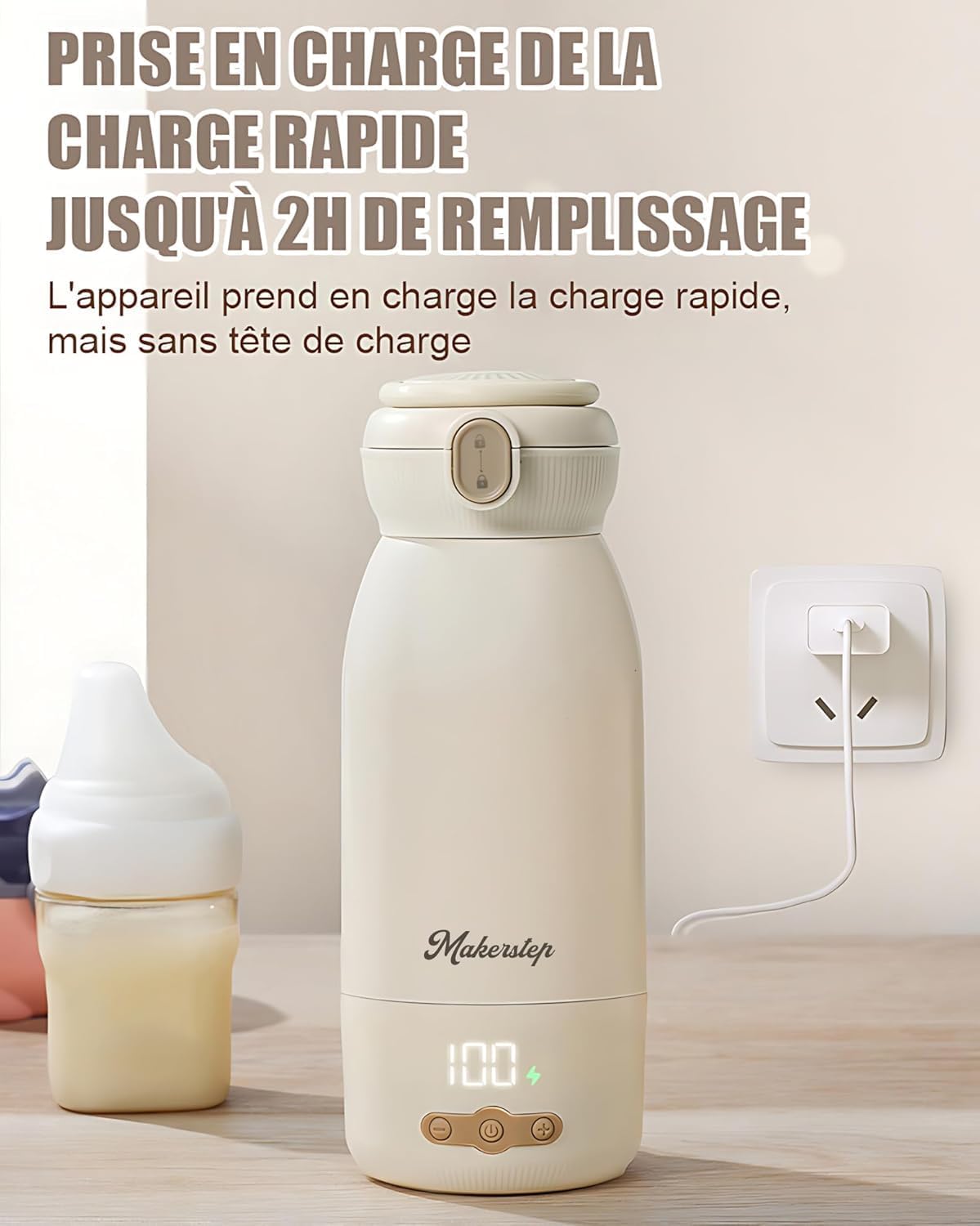 Chauffe Biberon Nomade Portable 500ml Chauffage Rapide Stérilisation Maintien au Chaud Batterie 10400mAh Beige