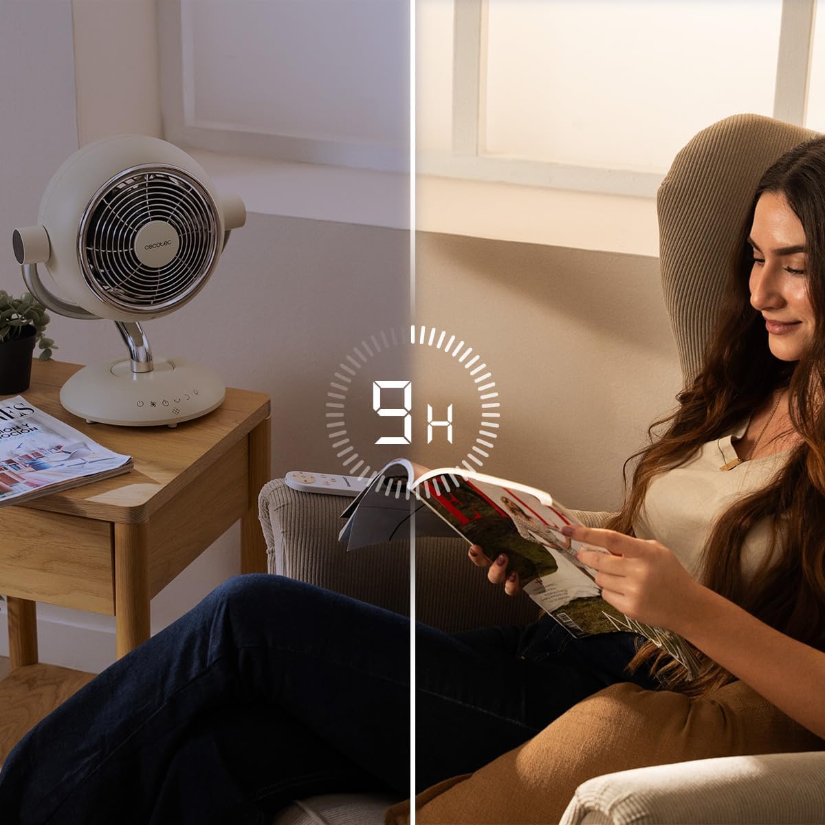 Ventilateur de Table Silencieux 35 W avec Télécommande – 6 Vitesses, Oscillation Automatique, Inclinaison Réglable, Minuterie 9 h, Éclairage LED, Ventilateur de Bureau et Chambre