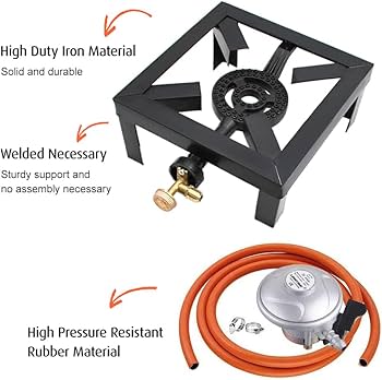 Réchaud GPL Extérieur 8KW en Fonte avec Tuyau et Régulateur – Anneau d’Ébullition à Gaz Portable pour Cuisine Camping Jardin