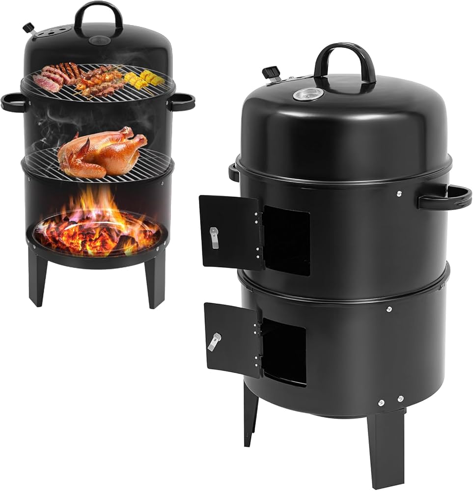 Barbecue Fumoir 3-en-1 avec Thermomètre Intégré 84 cm – Réchaud à Encens Charbon pour Grillades, Fumage et Cuisson Extérieure