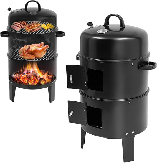 Barbecue Fumoir 3-en-1 avec Thermomètre Intégré 84 cm – Réchaud à Encens Charbon pour Grillades, Fumage et Cuisson Extérieure