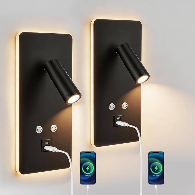 Lot de 2 Lampes de Lecture Murales LED avec USB et USB-C – Applique Murale de Chevet Intensité Variable – Lampe LED Moderne pour Chambre, Hôtel, Couloi