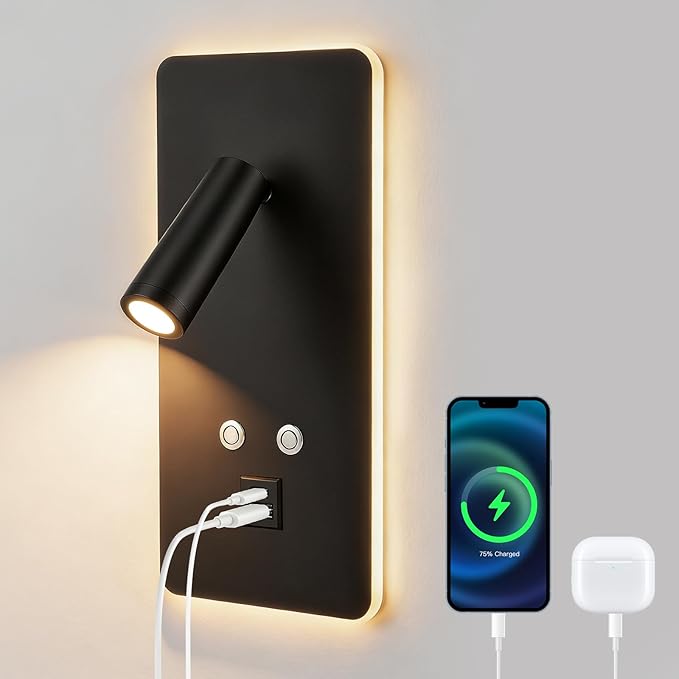 Liseuse Murale LED avec USB et USB-C – Lampe de Lecture Tête de Lit Dimmable 3W+9W 3000K – Applique Murale Moderne pour Chambre et Salon – Noir