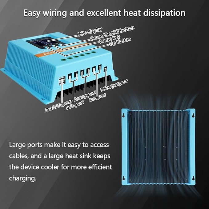 Contrôleur de charge solaire MPPT 80A 12V 24V 36V 48V – Régulateur batterie intelligent avec écran LCD, double USB, pour panneaux solaires
