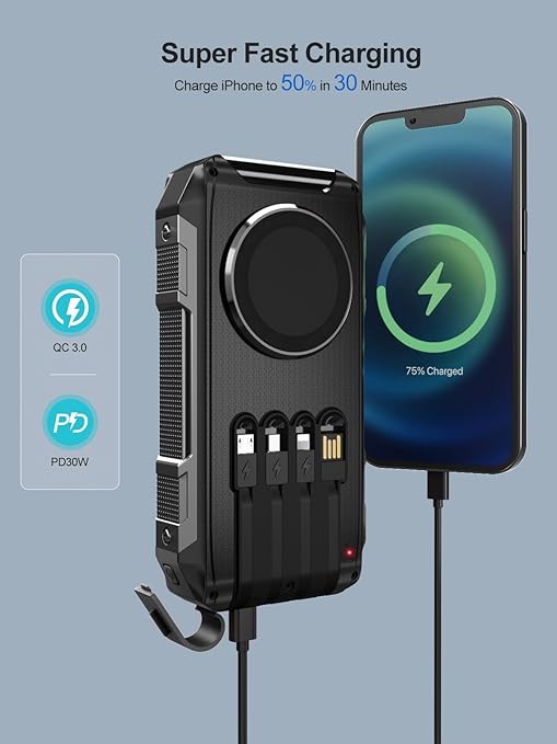 Batterie Externe Solaire 26800mAh Charge Rapide 30W USB-C Power Bank Magnétique Sans Fil avec 4 Câbles Intégrés, 7 Ports, Lampe LED, Étanche Camping Voyage – Noir