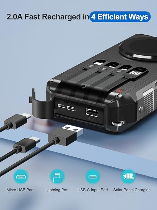 Batterie Externe Solaire 26800mAh Charge Rapide 30W USB-C Power Bank Magnétique Sans Fil avec 4 Câbles Intégrés, 7 Ports, Lampe LED, Étanche Camping Voyage – Noir
