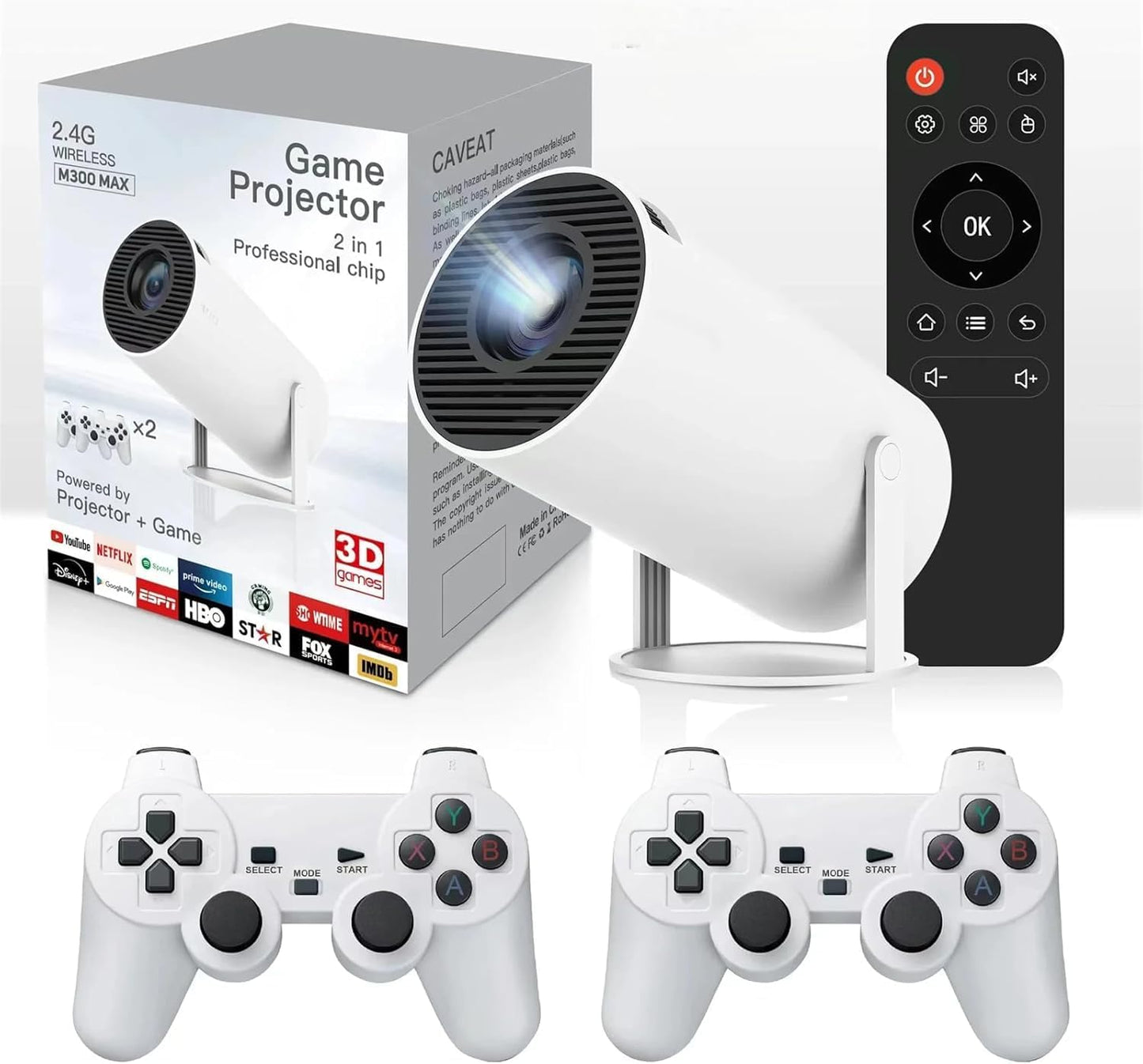 Mini Projecteur HD Portable avec Double Manette Sans Fil – Système Multimédia WiFi Bluetooth – Vidéoprojecteur LED Full HD Compatible Android iOS – Divertissement Familial Blanc