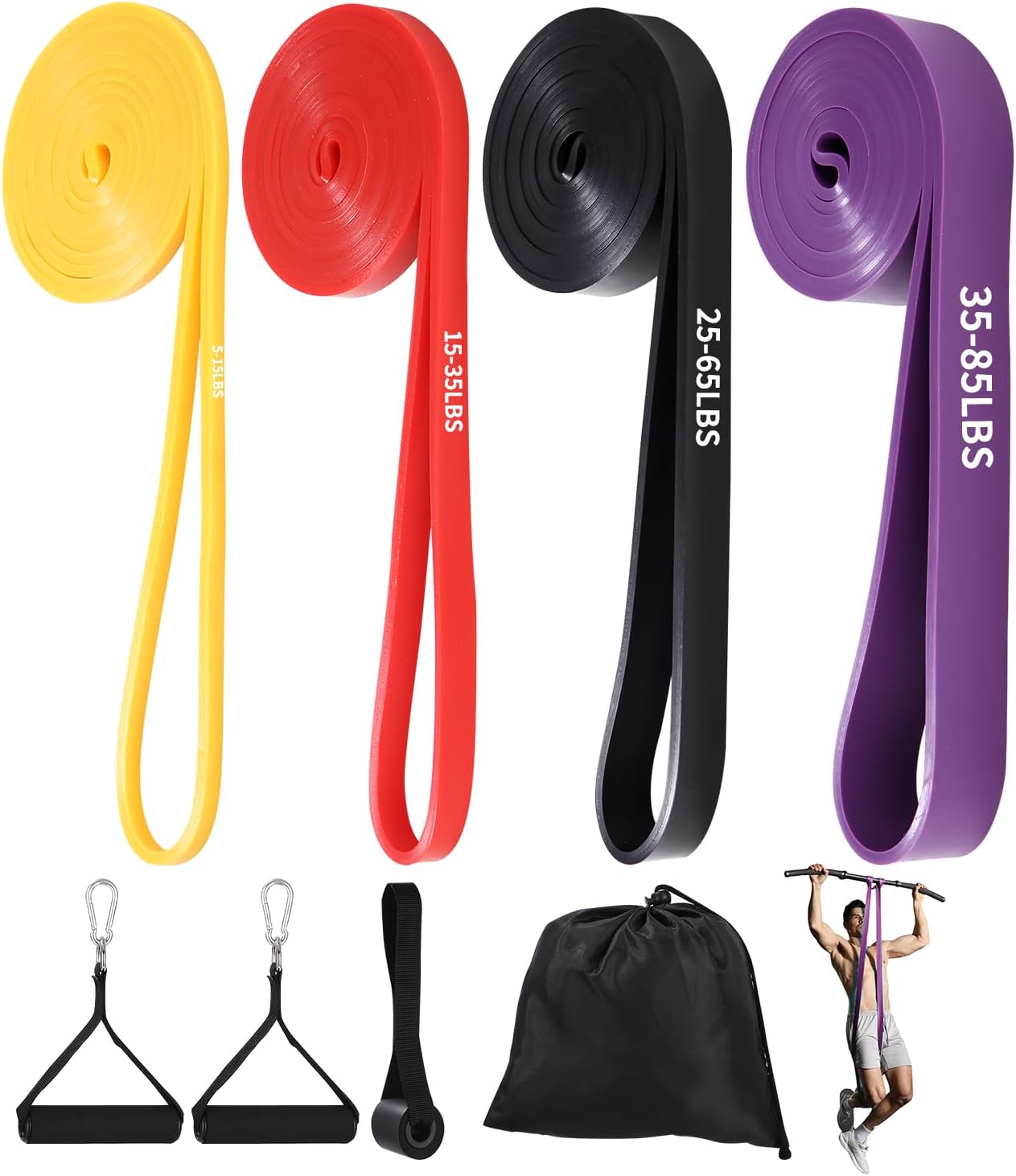 Lot de 4 Bandes de Résistance Musculation Fitness Yoga Pilates avec Poignées Ancrage de Porte et Sac de Transport