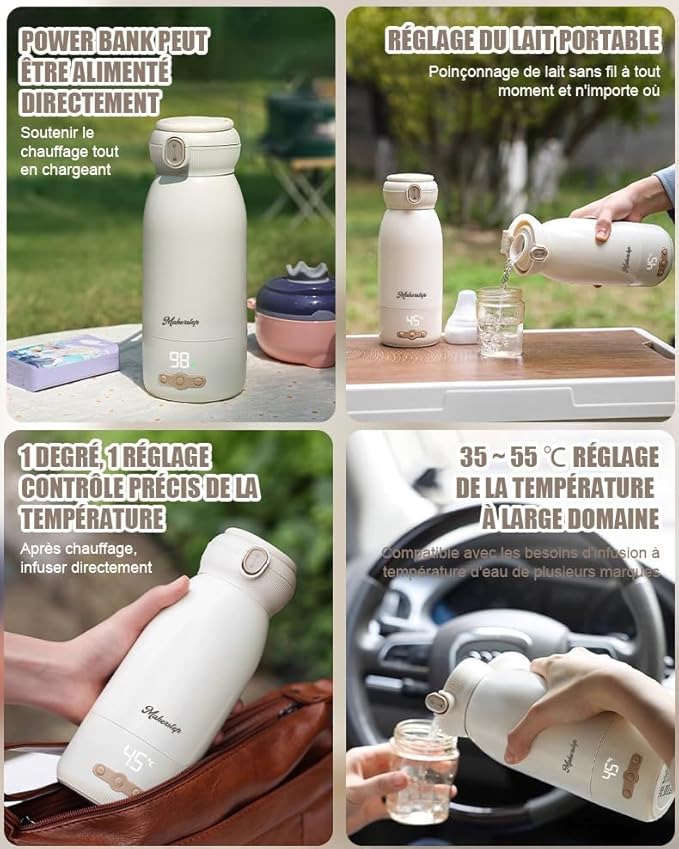 Chauffe Biberon Nomade Portable 500ml Chauffage Rapide Stérilisation Maintien au Chaud Batterie 10400mAh Beige