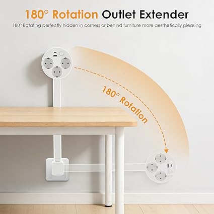 Multiprise Extensible Orientable 180° avec USB-A et USB-C – Rallonge de Prise Murale 5 Ports – Barre d’Extension Rétractable